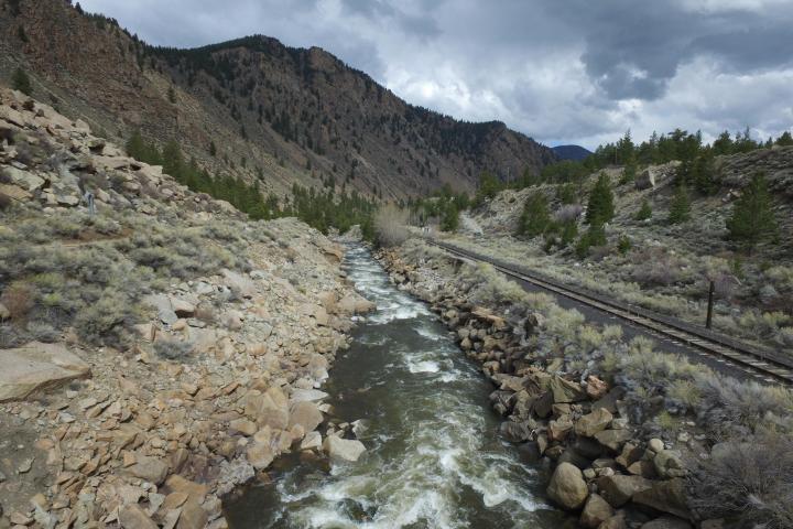 a rocky mountain with trees in the background