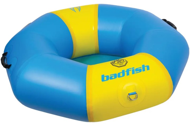 Blue and yellow inflatable tube with 'badfish' text and handles.