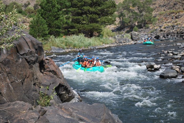 Group rafting on a rocky river surrounded by trees.